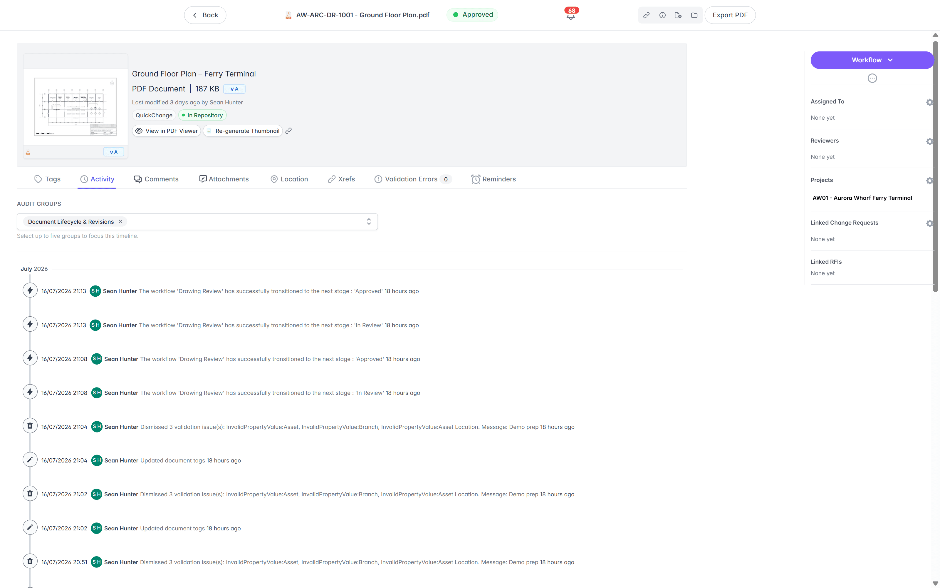 Lunr's document activity view, showing an audit trail of workflow transitions, dismissed validation issues, and tag updates on a timeline.