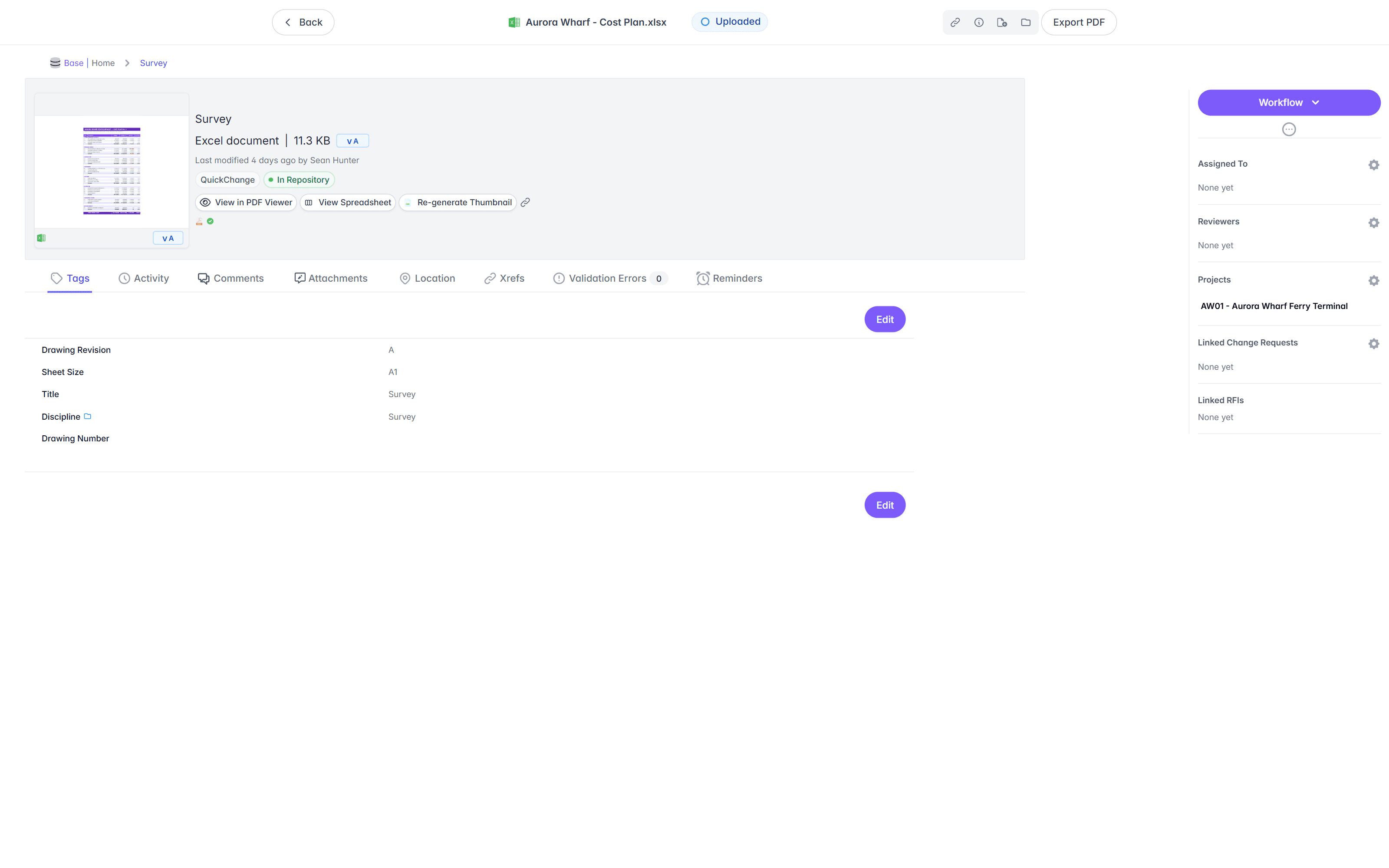 A single document record in Lunr, showing its metadata, revision history, and workflow state on one page.