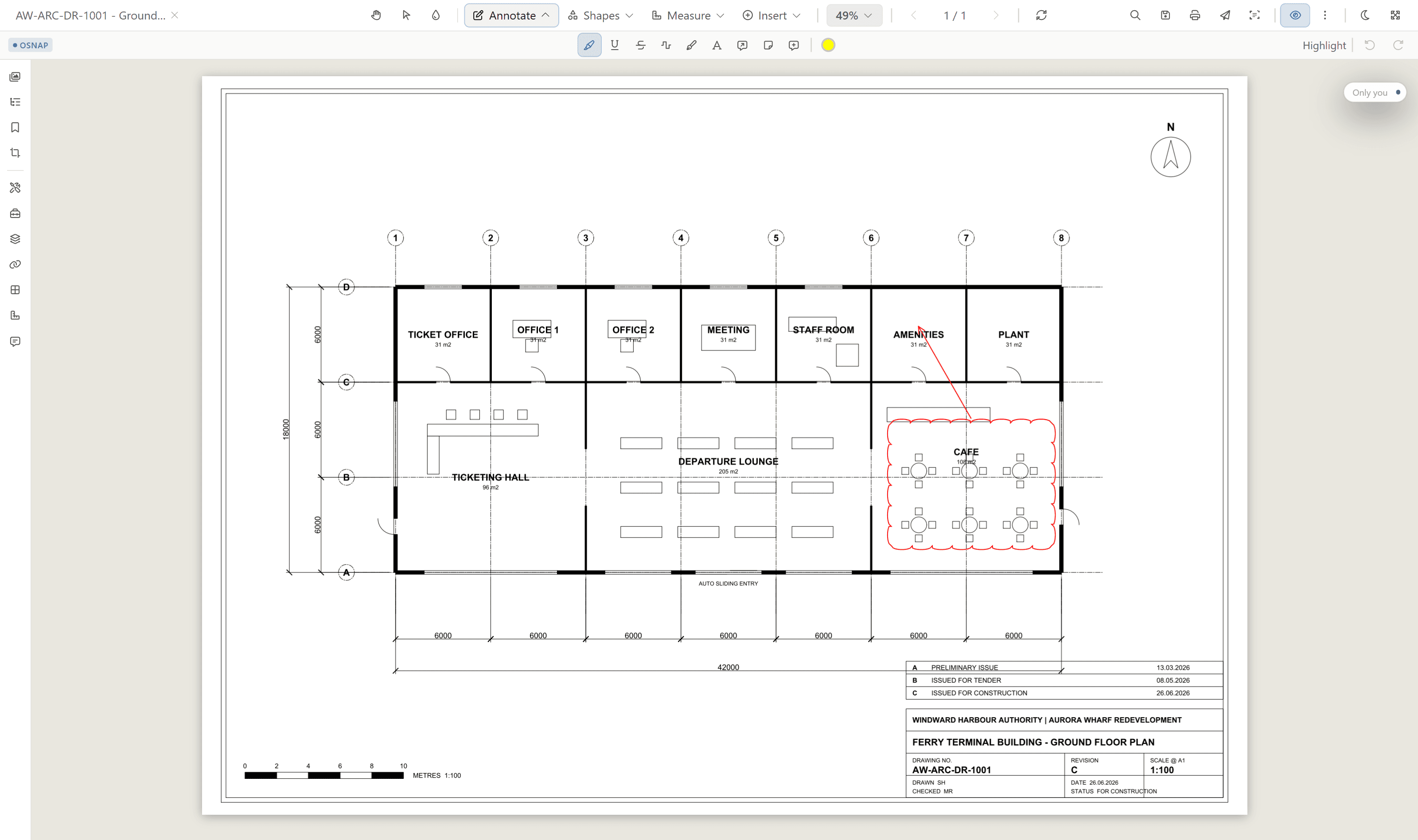 Rift showing the annotation toolbar over an architectural drawing.
