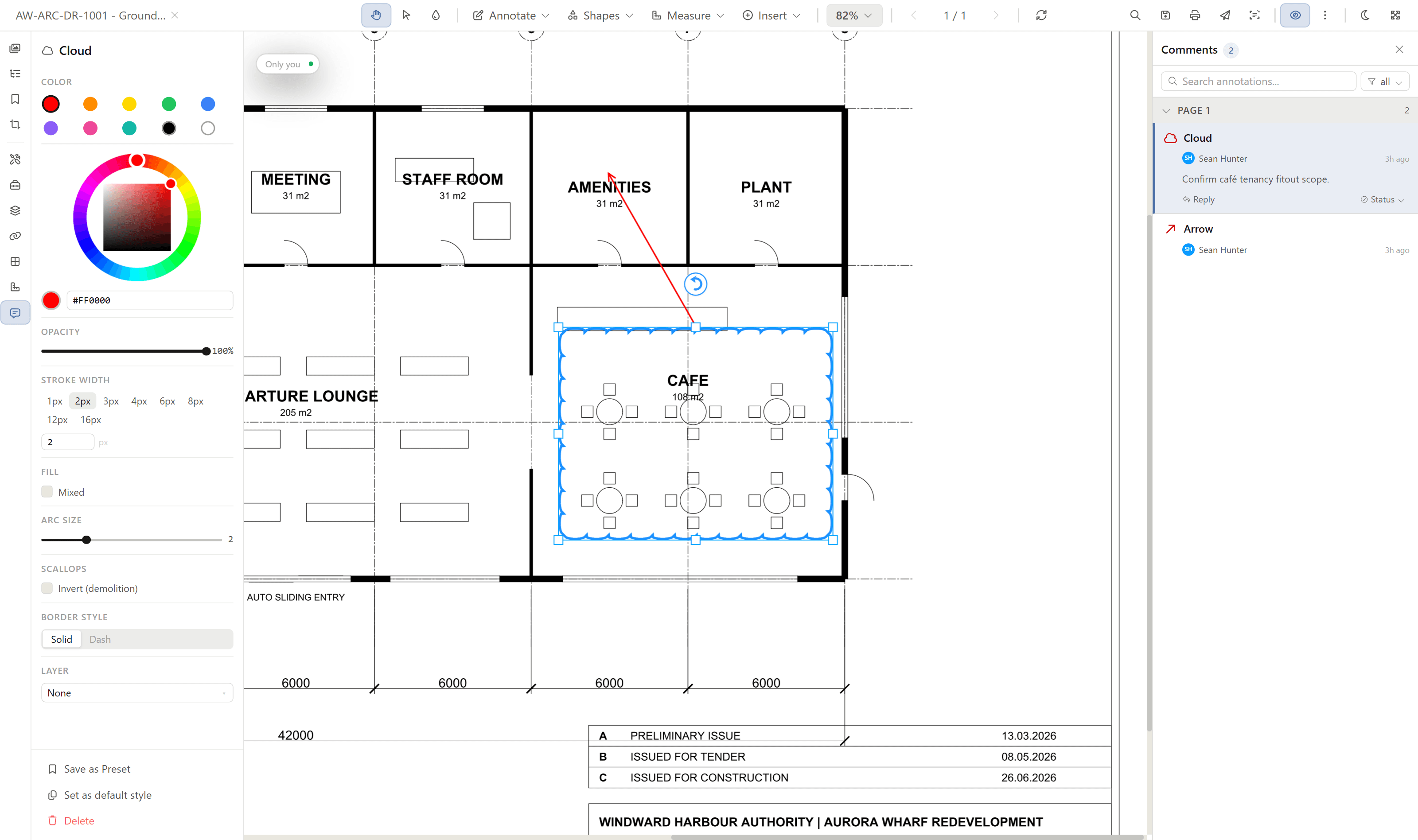 A cloud markup selected on a drawing in Rift, with the annotation properties panel showing colour, stroke, and border options.