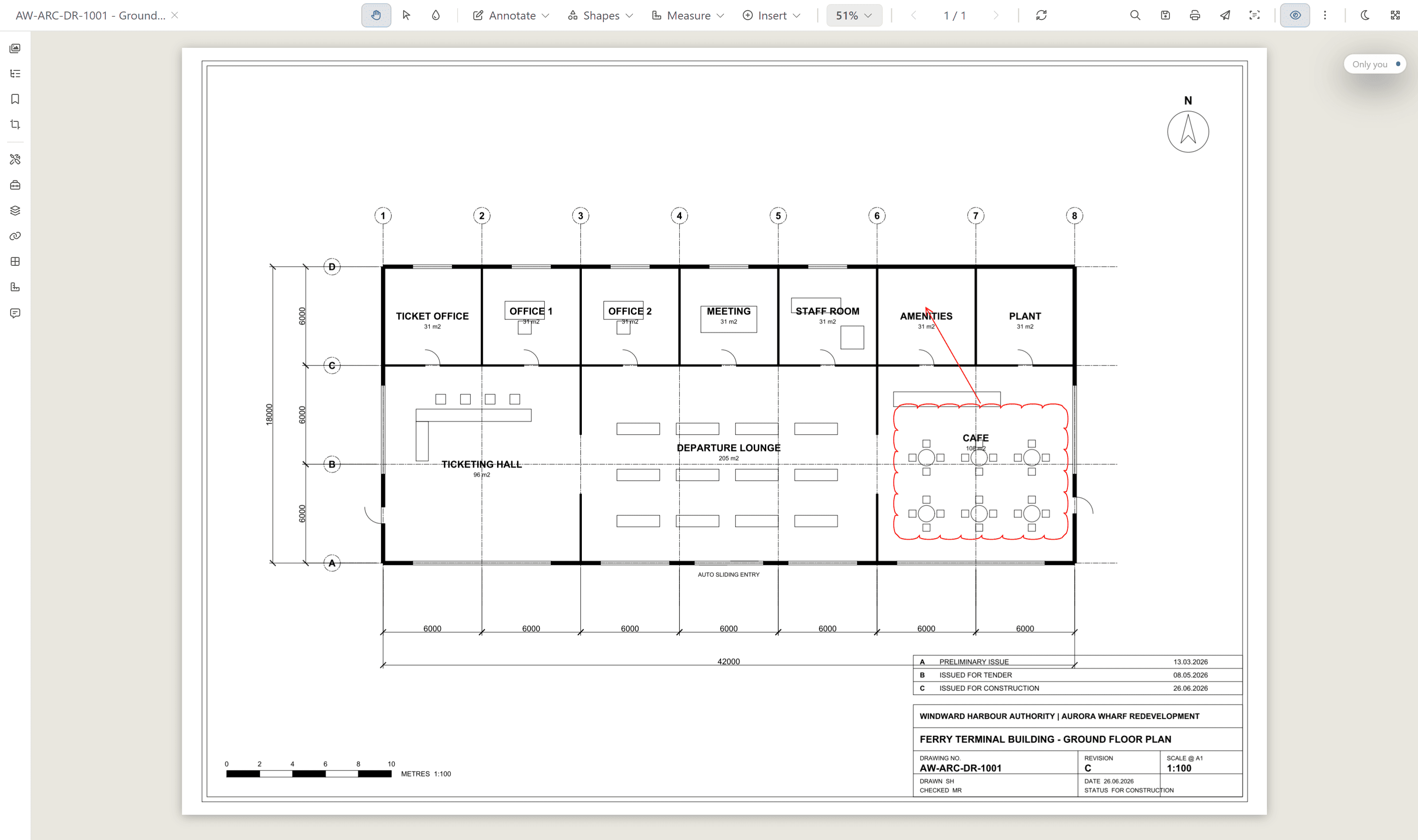 A DWG drawing open in Lunr's Rift viewer in the browser, showing the sheet with its layers panel and viewer toolbar.