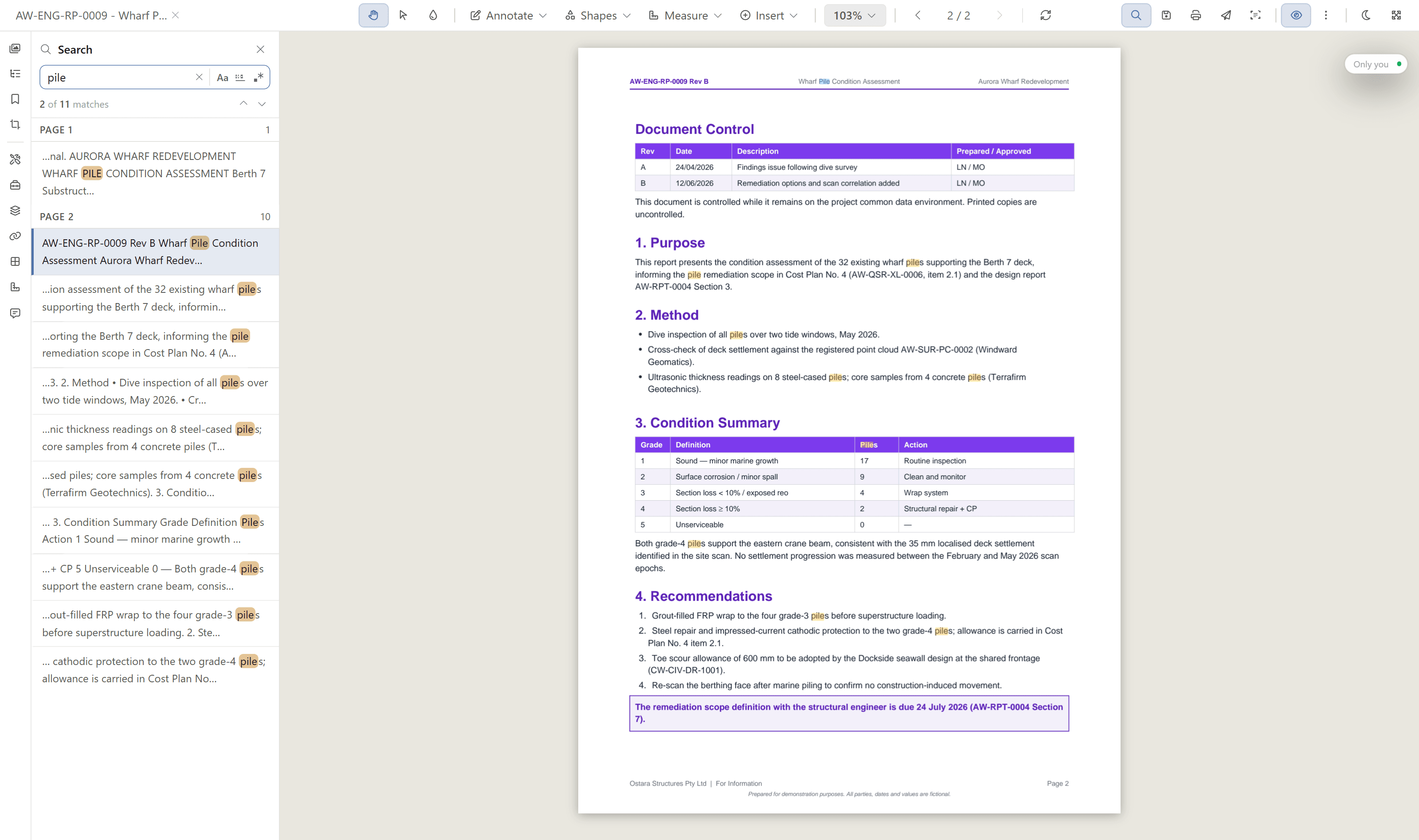 A controlled document open in Lunr's Rift viewer with the XRAY search panel finding every instance of a term inside the document, including inside its document control revision block.