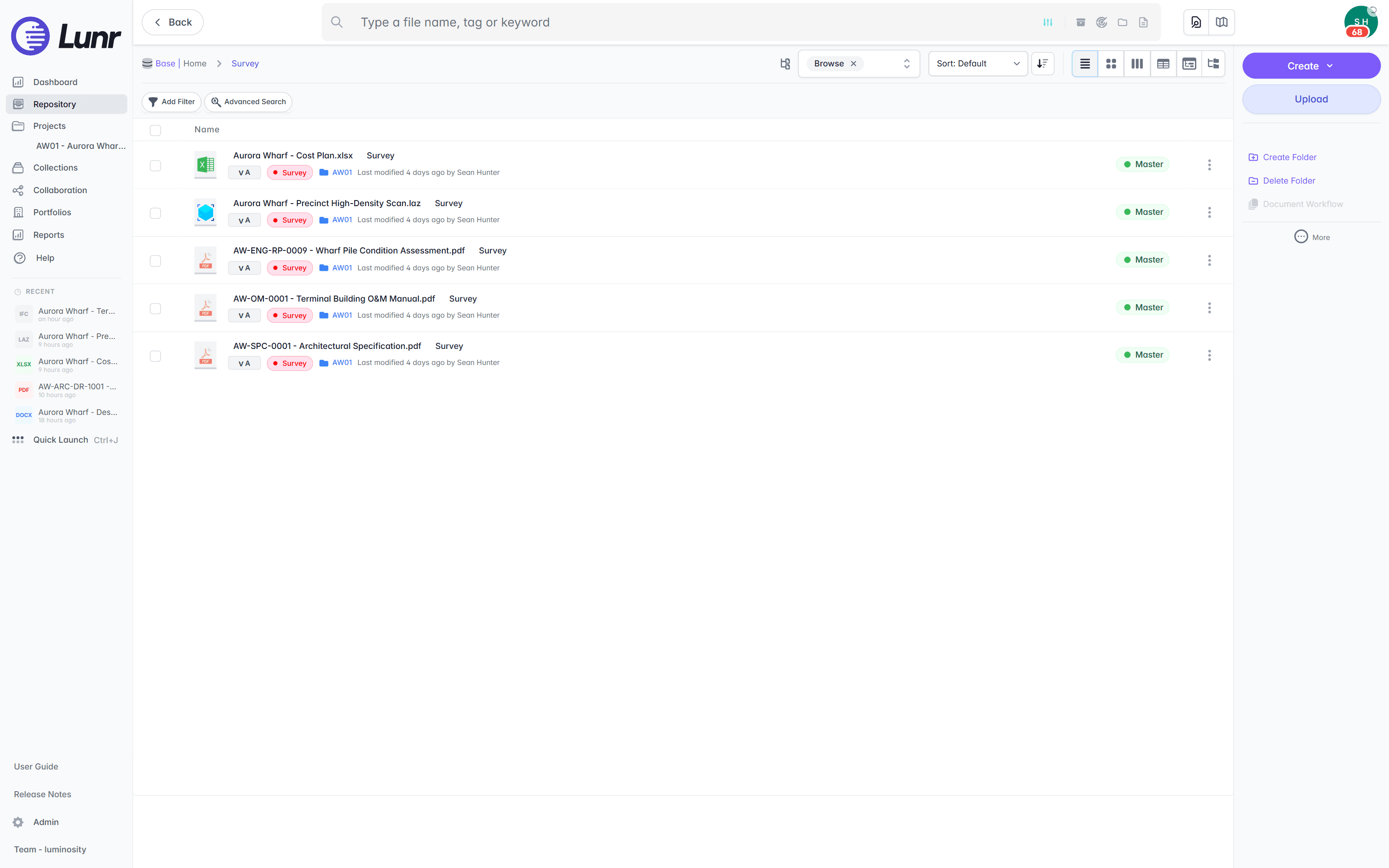 Lunr's document register, listing controlled documents by number with revision badges, discipline tags, and version status for each row.