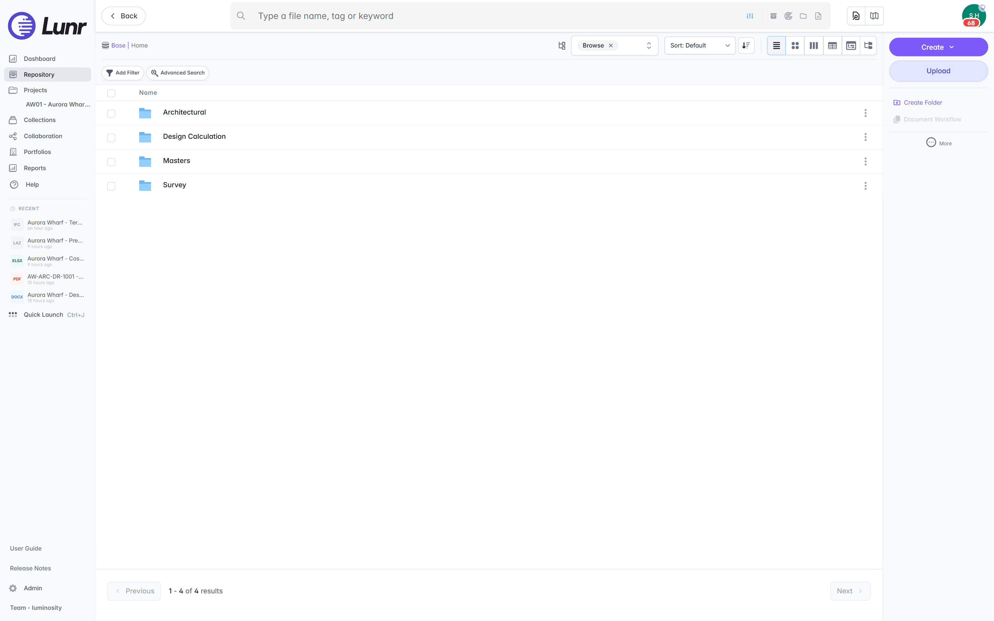 Lunr's document repository in the folder view, with Architectural, Design Calculation, Masters, and Survey folders alongside a document table.