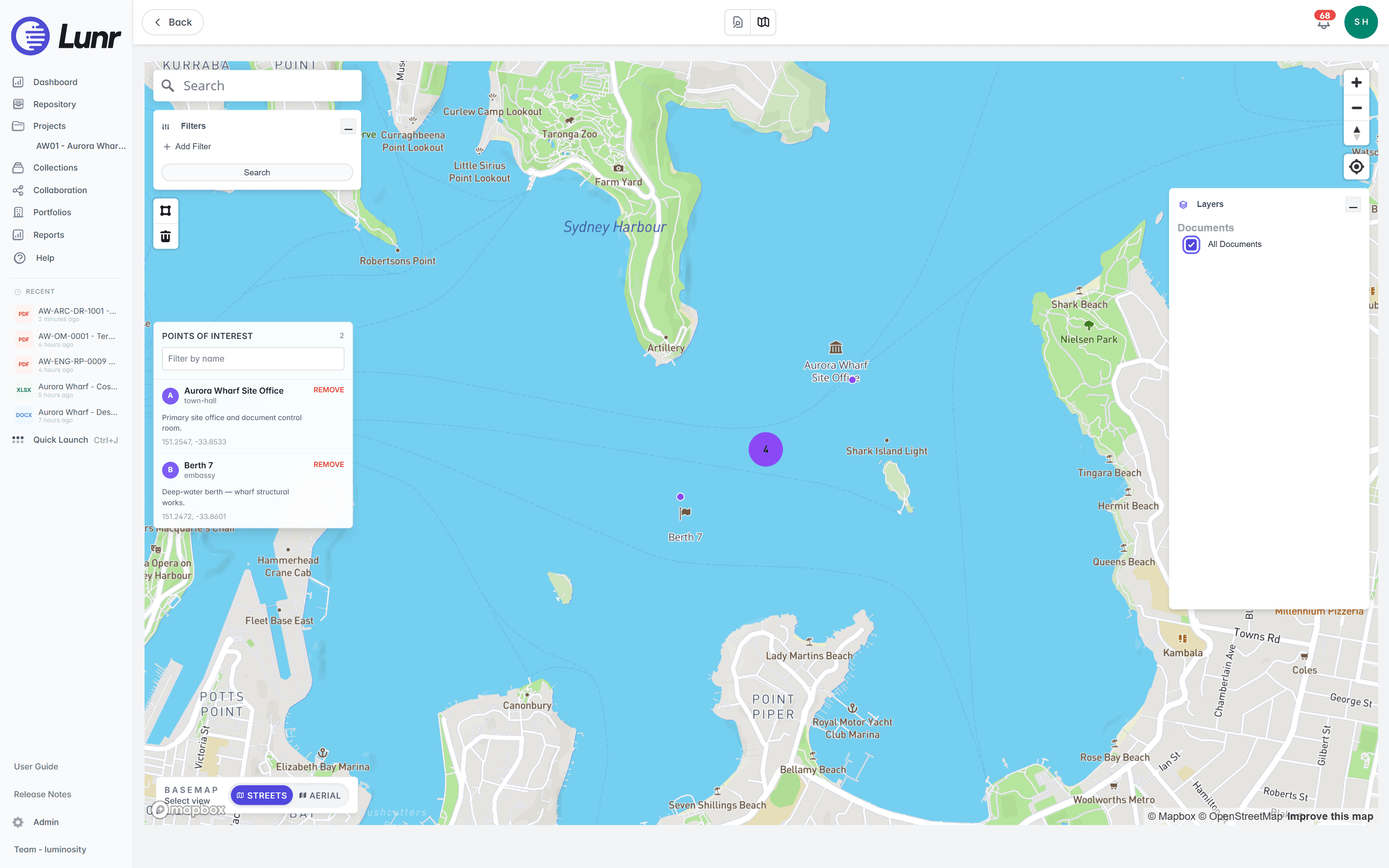 Lunr's map view with documents plotted across a network, showing a cluster of documents, single document points, and the filters and layers panels.