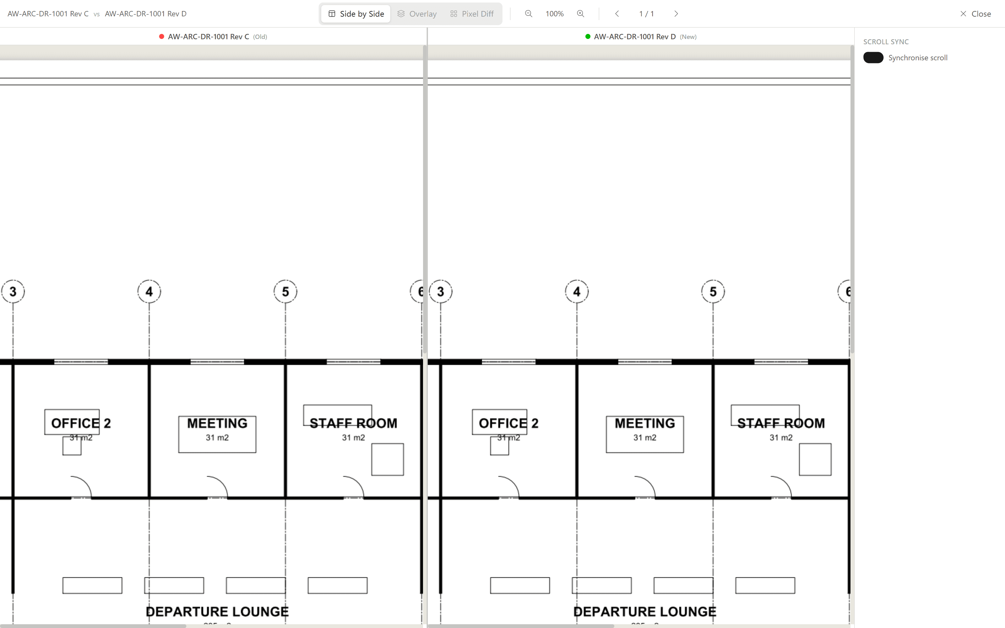 Lunr's revision compare view, showing two revisions of a drawing side by side with the changes between them.