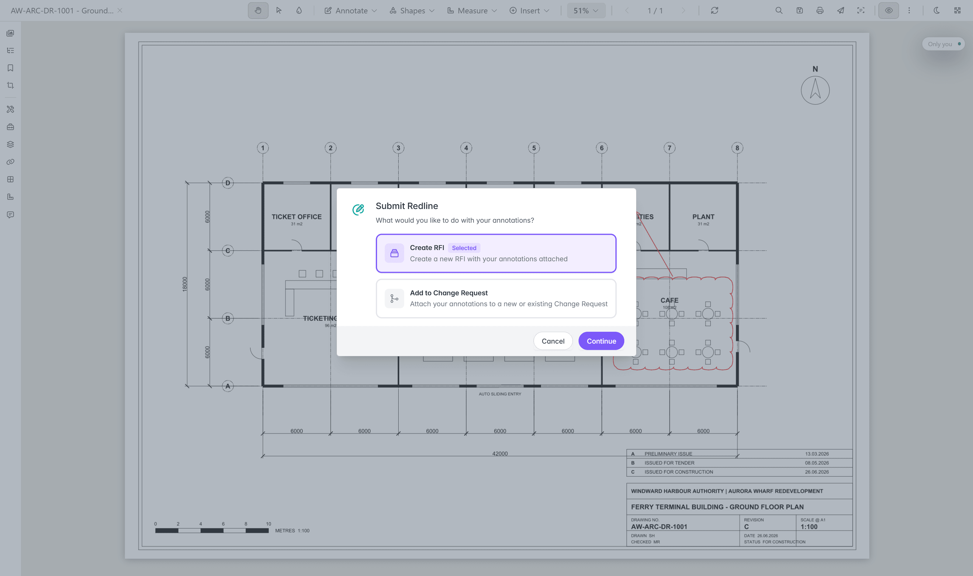 The Submit Redline dialog in Lunr's drawing viewer, offering to create an RFI or add the markup to a change request.