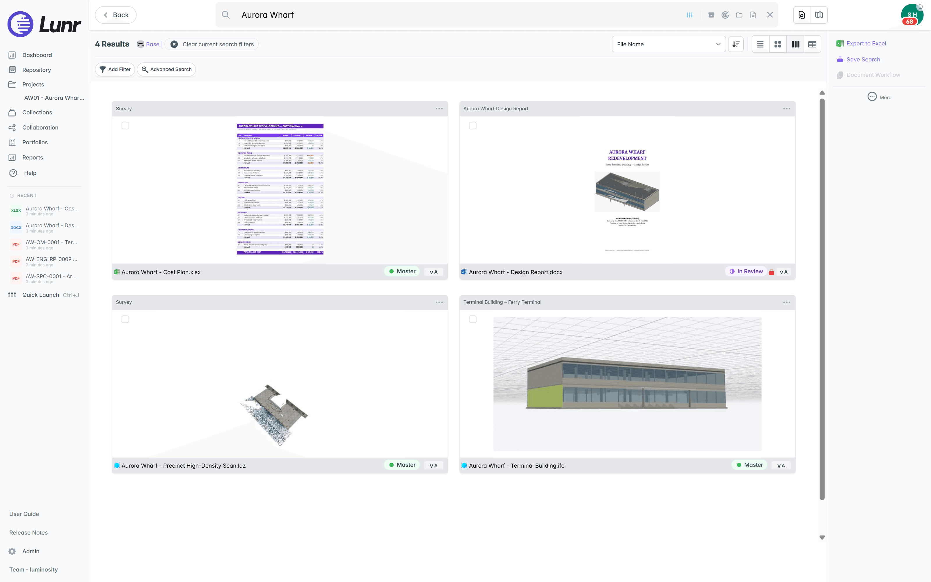Lunr's XRAY search returning a thumbnail grid of results across formats, including an Excel cost plan, a Word design report, a point cloud scan, and an IFC model, each with its revision and status.