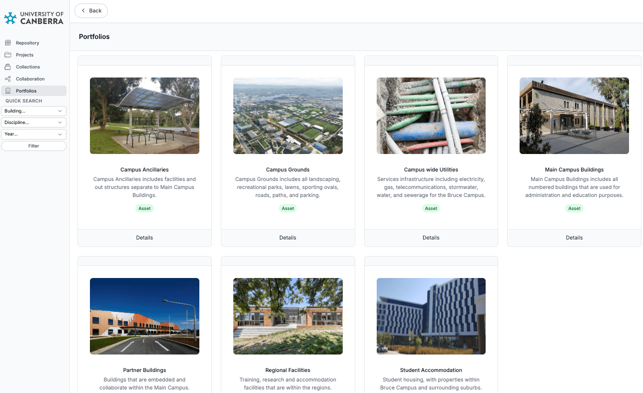 The Portfolios feature in Lunr, grouping the campus estate into assets such as buildings, grounds, and utilities.