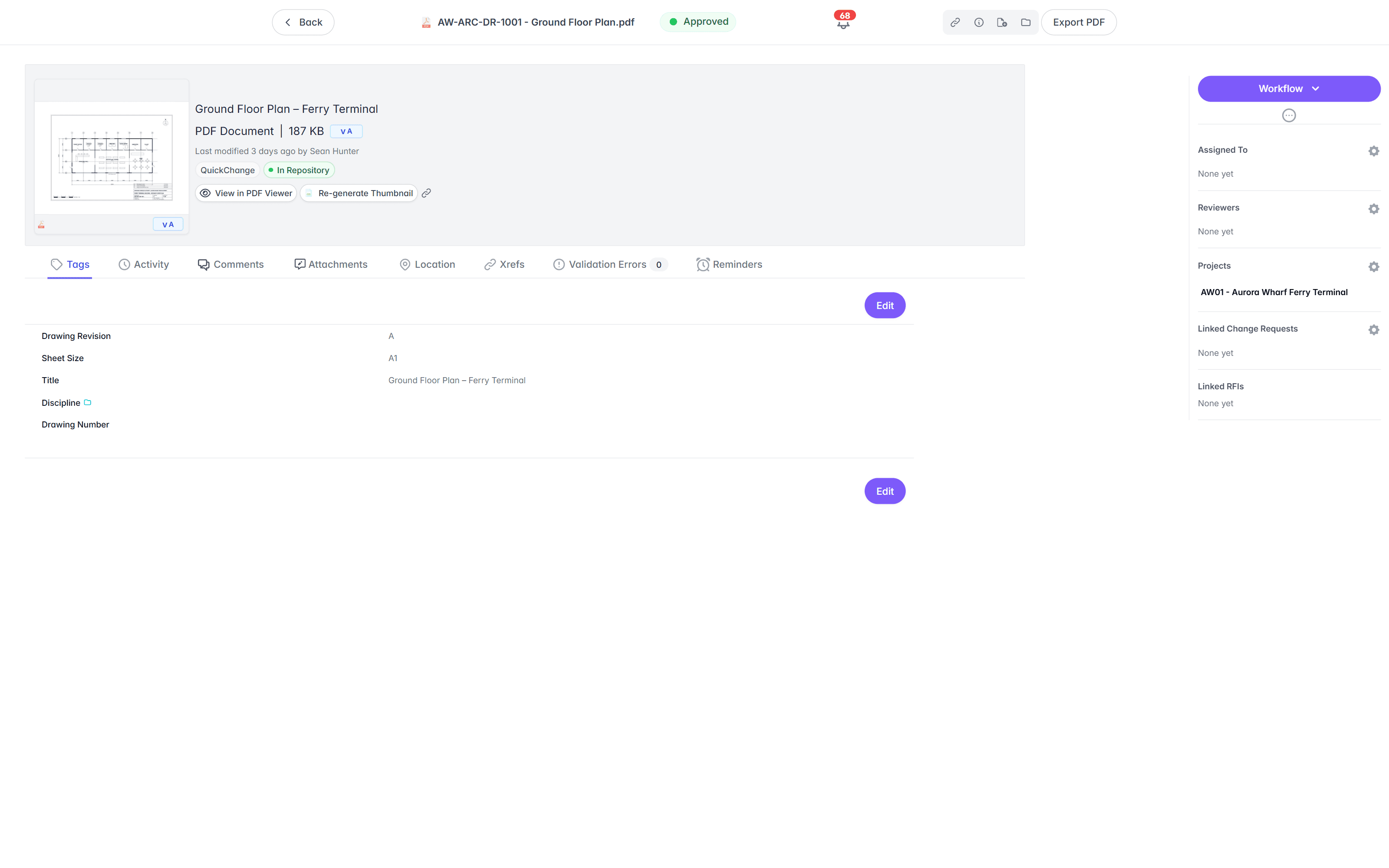 The same columns inside Lunr: metadata fields recorded against an approved drawing, with the workflow rail carrying the status, reviewers, and projects.